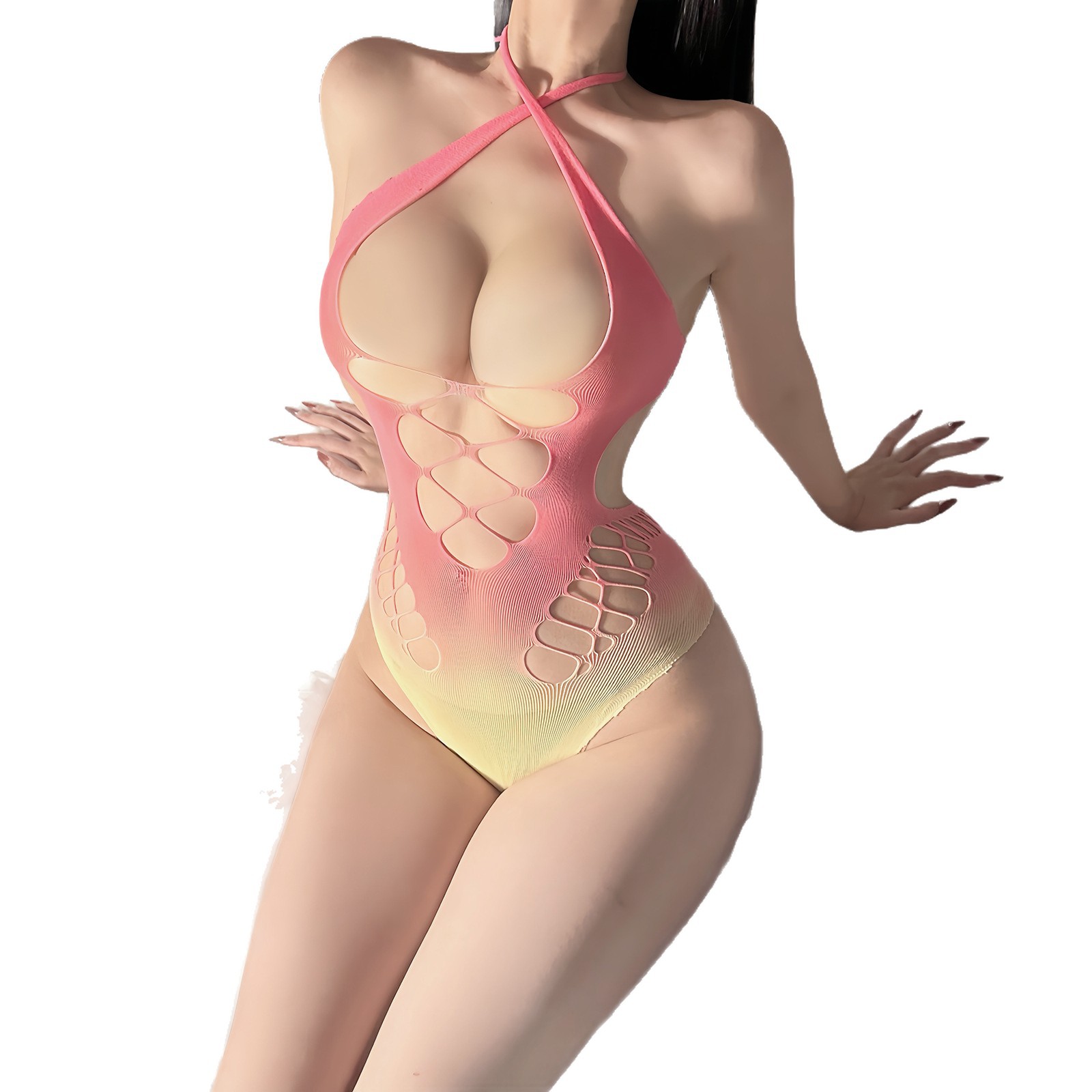 Mermaid Gradient Hollow Mesh Halterneck Lace-Up Jumpsuit Lingerie, Pink One Size - Image 5