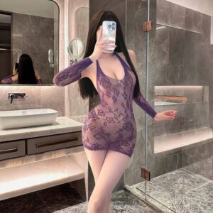 Purple See-Through Hollow-Out Lingerie Set with Open-Crotch Tear-Off Bodycon Skirt