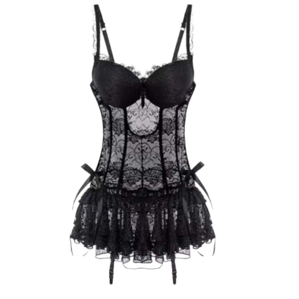 Lace Sheer Babydoll Pajama Set with Steel-Boned Corset, Thong and White Bodysuit - Image 5