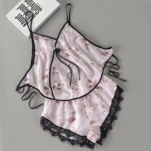 Ice Silk Lace Bellyband Pajama Set with See-Through Tulle and Suspenders