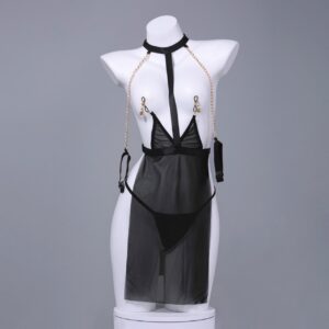 Open-Front Hollow Lace Cheongsam-Style Babydoll Set with Straps, Lightweight Sheer Intimate Pajamas