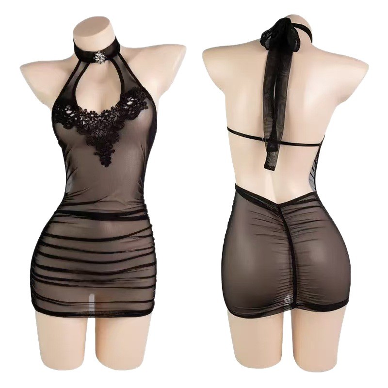 French-Style Eyelash Lace Sheer Mesh Bodycon Dress, Black One-Size Date Uniform Set - Image 5