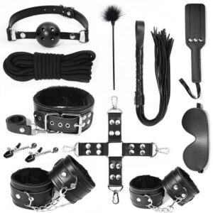 SM Bondage Kit with Handcuffs and Nipple Clamps, Black Faux Leather and Metal, Adult Couples Set