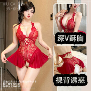 See-Through Mesh Lace Babydoll, Backless Deep V Slip Dress, Purple XXL