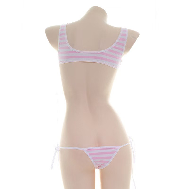 Striped Lace-Up Camisole Lingerie Set, Japanese-Style Figure-Flattering Two-Piece in Pink - Image 4