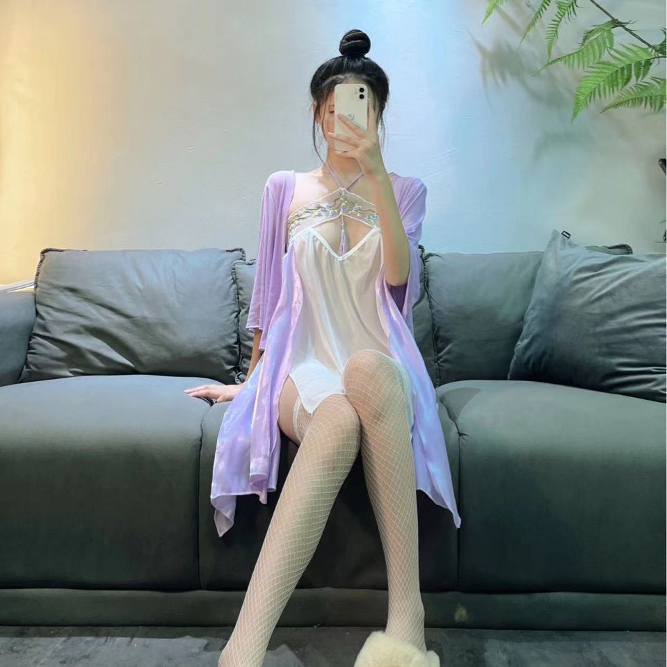 Maid Roleplay Costume Set with Halter Hanfu Top, Chiffon Fabric, Purple Three-piece - Image 2