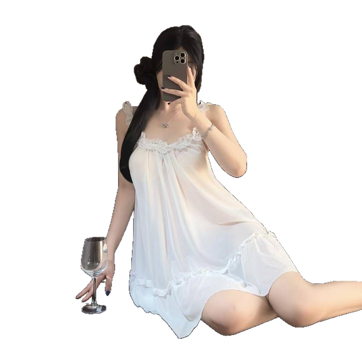 Sweet French-Style Suspender Nightgown Set, Plus-Size White Lingerie with Thong and Bodystocking - Image 5