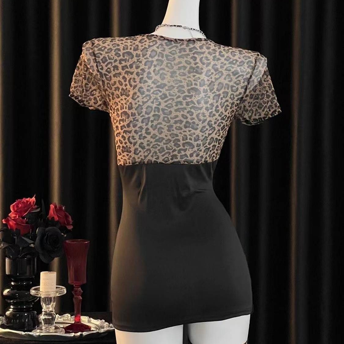 Leopard Print Deep V Lingerie Set with Lace-Up Top and Hip-Hugging Mini Skirt, One-Size Women's Costume - Image 3