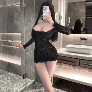 Seductive Maid Roleplay Costume Set, Polyester Uniform with Net Dress, One Size Black