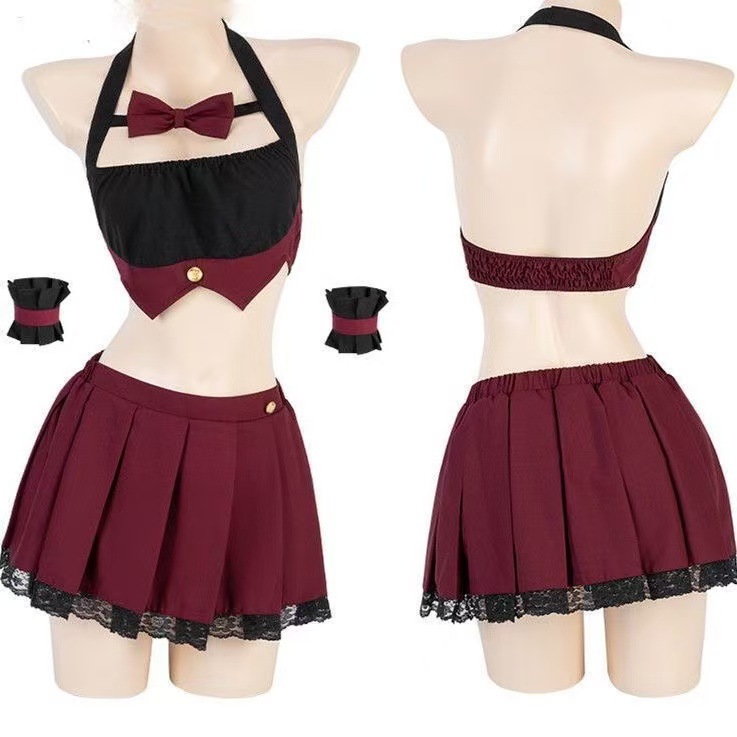Halter Neck JK Uniform Lingerie Set with Pleated Skirt, Stockings and Ear Accessory - Image 5