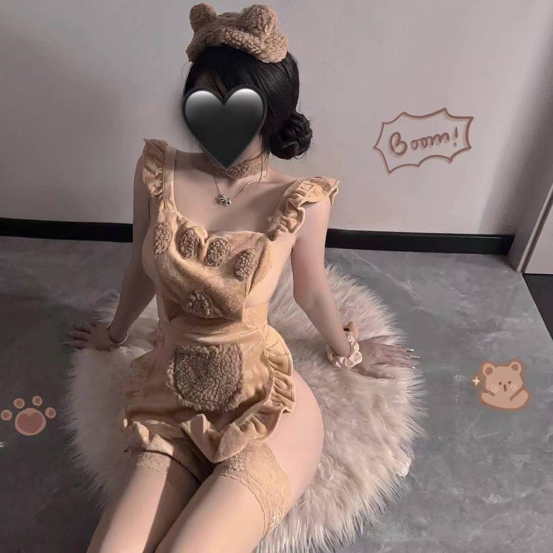 Plush Bear Maid Costume Set with Lace Hollow Bodysuit, Choker and Ears - Image 2