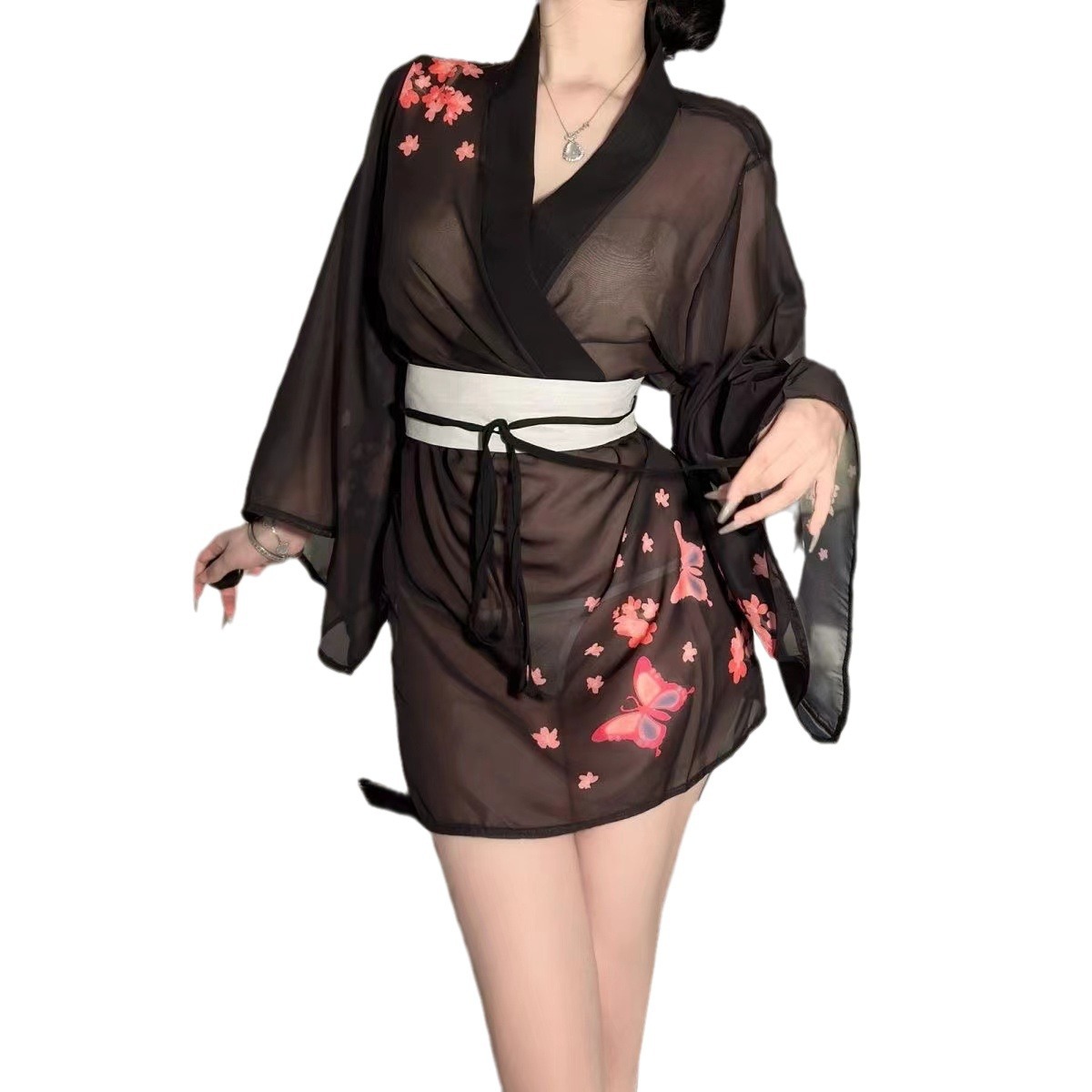 Japanese-Style Cherry Blossom Kimono Lingerie Set with Deep-V Top and Matching Open-Toe Stockings - Image 5