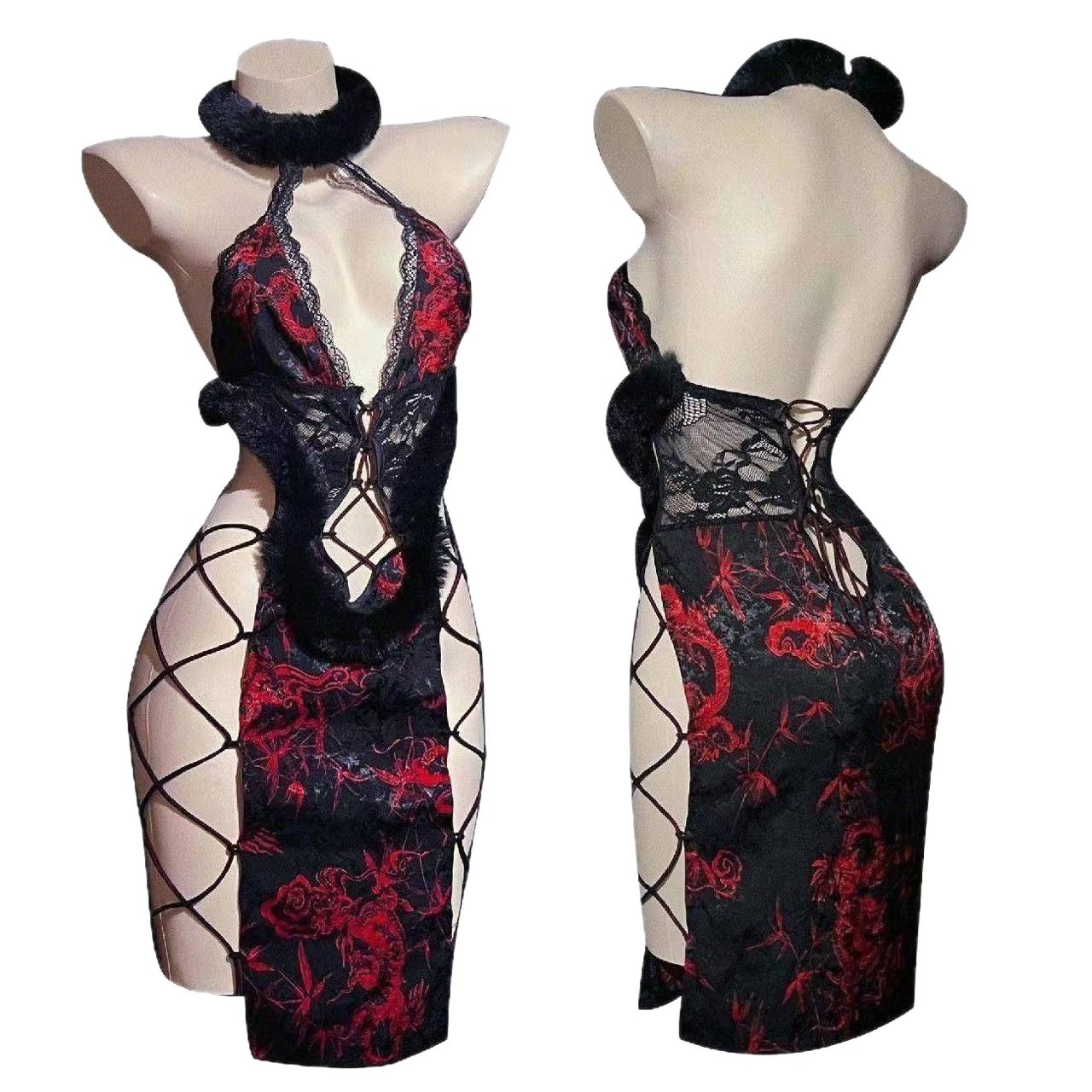 Ancient-Style Cheongsam Lingerie Nightdress with High Slit, Polyester, One Size - Image 5