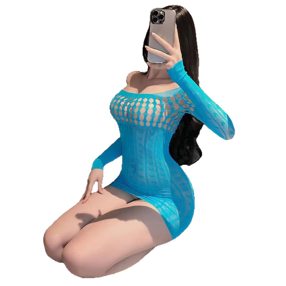 Hollow-Out Fishnet Mini Dress with Suspenders, Long-Sleeve Jacquard Lingerie in Blue, One Size - Image 5