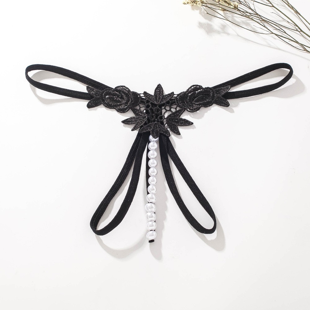Women's Hollow Embroidered Thong with Pearl Detail and Open Crotch, Blue, One Size - Image 2