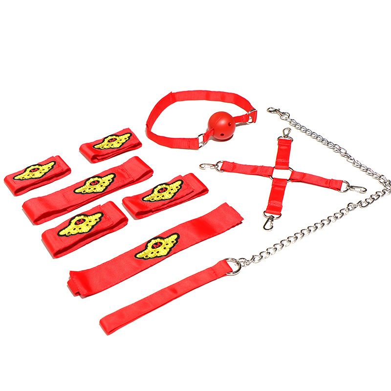 SM Seven-Piece Adult Couple Play Set with Handcuffs, Ball Gag, Whip, Nipple Clamps, Candle and Sheet - Image 5