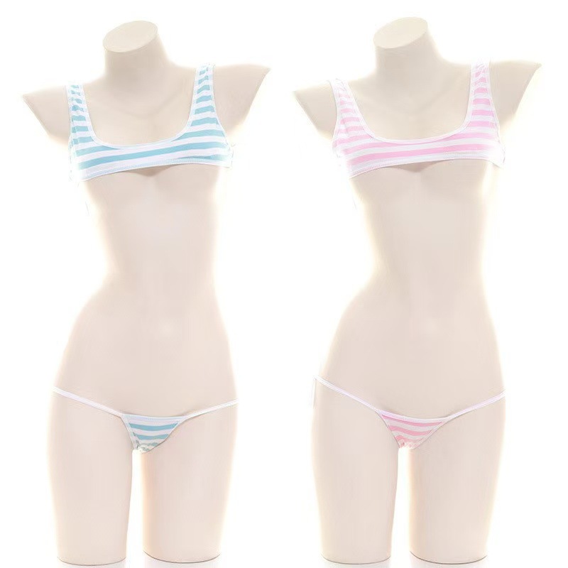 Three-Point Striped Lingerie Set with Split Bra and Panties in Pink - Image 2