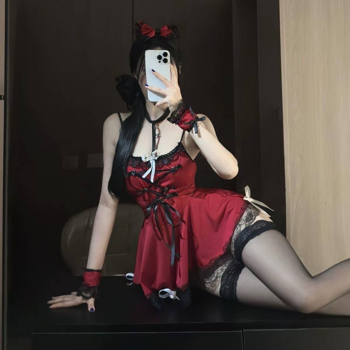 Maid Roleplay Lingerie Set with Red Uniform and Black Bodystocking - Image 4