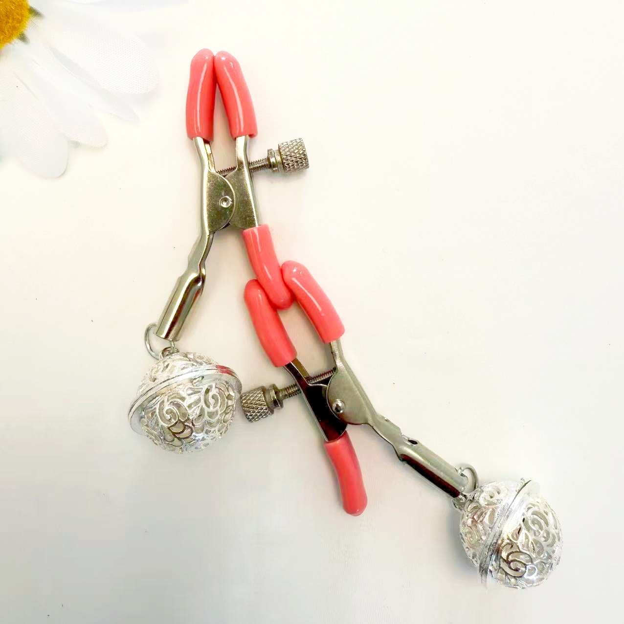 Nipple Clamps with Bell Pendant and Tassel, Red Silver Bell Design - Image 2