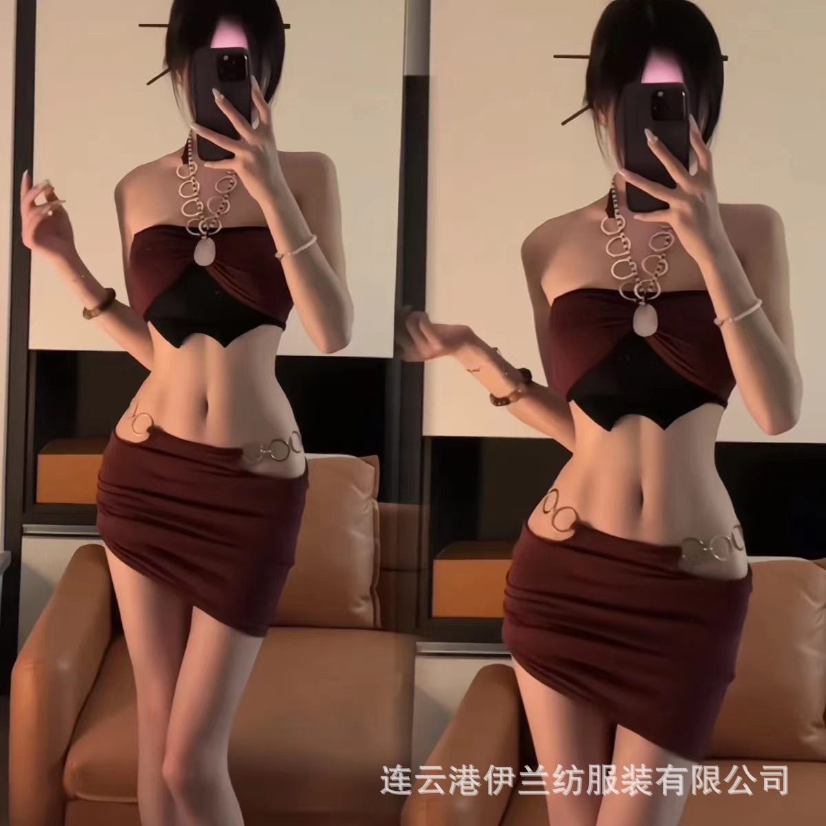 Halter Tube Top and Mini Skirt Set with Hollow Waist Detail in Wine Red - Image 2