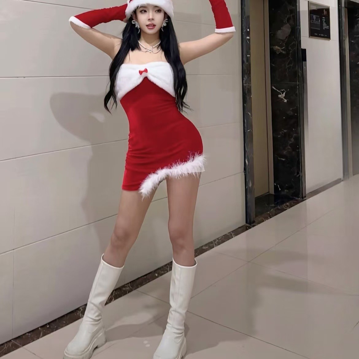 Bunny Christmas Costume Set with Hooded Ears and Sleeves, Red Polyester One-Size - Image 2