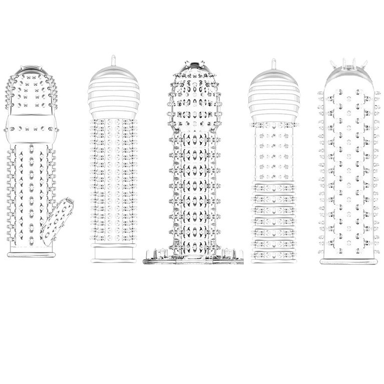 5-Pack Wolf Tooth Textured Condoms with Spikes, Transparent TPE, Delay Spray Set - Image 5