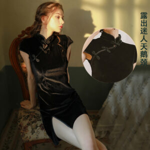 High-Split Cheongsam Lingerie Set with Thong and Open-Crotch Stockings, Pink Velvet-Feel Polyester, One Size