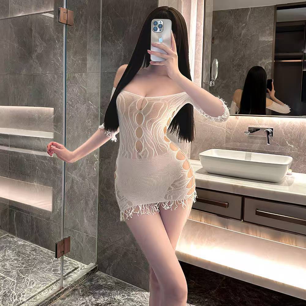 One-Shoulder See-Through Mesh Mini Dress, Long-Sleeve Open-Crotch Lingerie, White One Size - Image 3