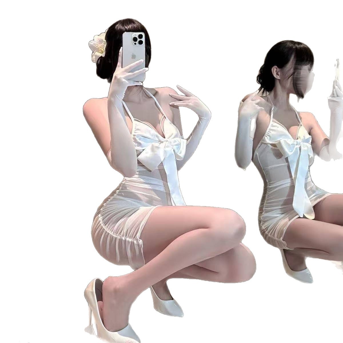 Sheer Mesh Maid-Style Babydoll Nightgown with Bow-Knot Detail and Matching Gloves - Image 5