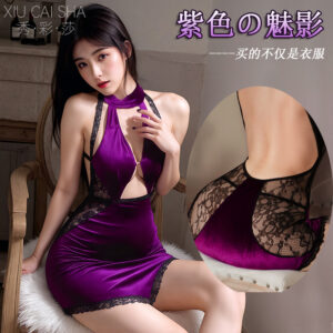 Purple Lace Velvet Halterneck Cheongsam Nightgown with Thong and Stockings