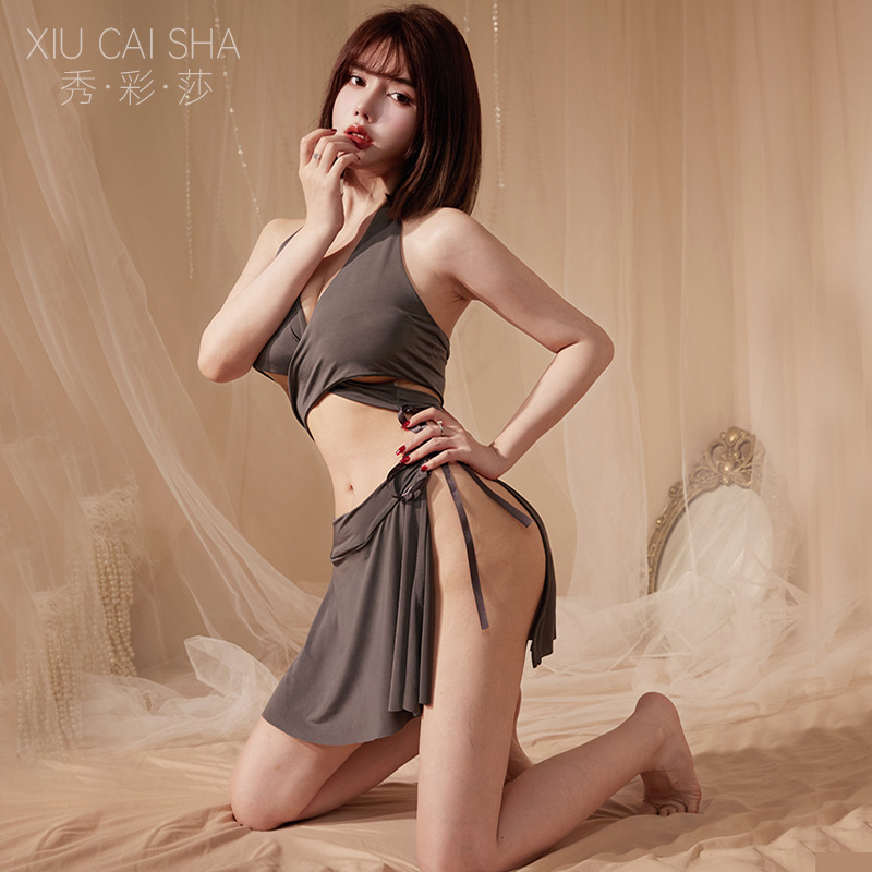 Student Uniform Roleplay Lingerie Set with Halterneck Top, Miniskirt and Crotchless Panties - Image 2