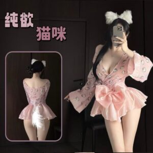 Japanese-Style Kitty Cat Print Kimono Lingerie Set with Bow Tie and Deep V