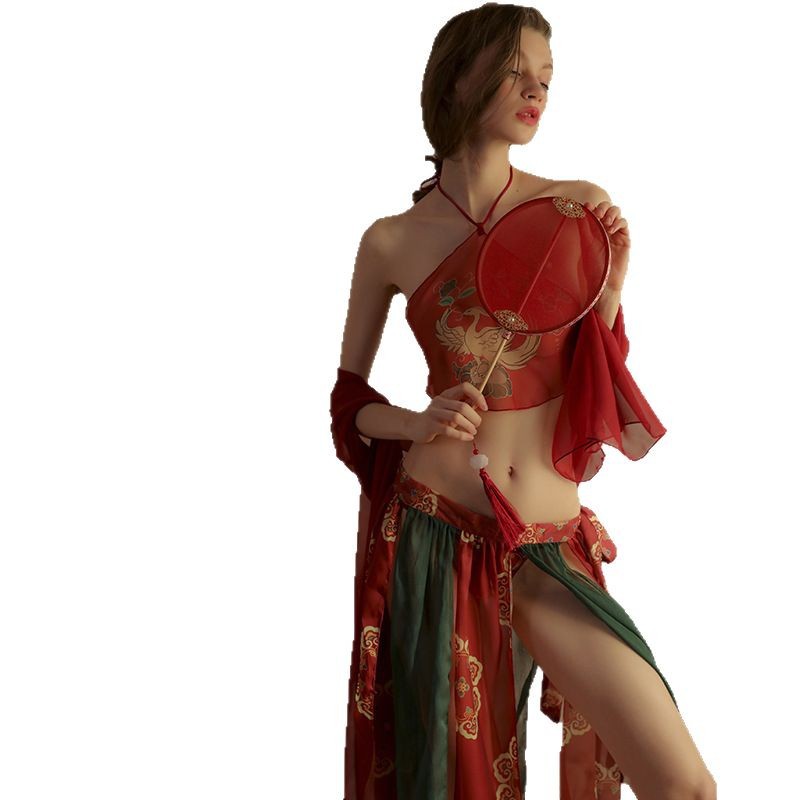 Sexy Hanfu Bellyband Nightgown Set with Shawl, Mesh Skirt and Thong - Image 5
