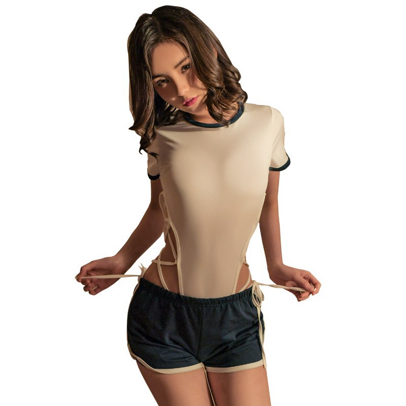 Cute Campus Role Play Costume Set with Open Crotch One-Piece and Shorts - Image 5