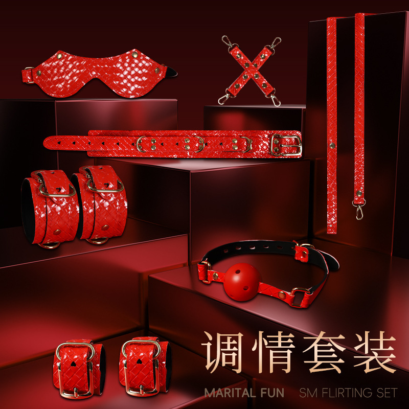 7-Piece Bondage Kit with Handcuffs and Nipple Clamps in Black PU - Image 3