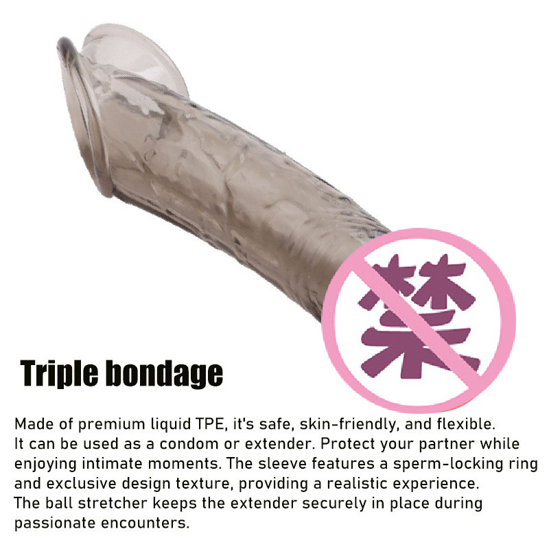 Spiked Extended Condom for Men, Thickened TPE Sleeve with Large Spikes, Transparent, 2 Oil Pouches - Image 2