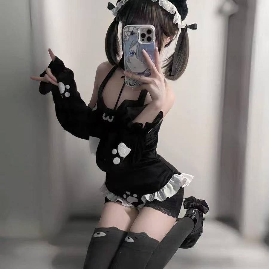 Cat Maid Roleplay Lingerie Jumpsuit, Halter Neck Velvet-look Nylon, One Size Black - Image 2