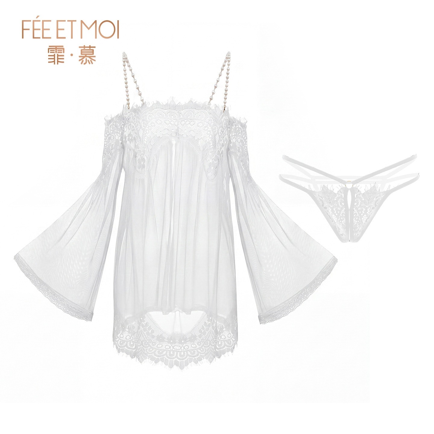 Feimu & Miji Sheer Lace Off-Shoulder Nightdress with Pearl Straps and Crotchless Panty - Image 5