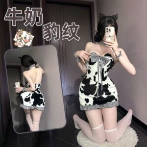 Sexy Cow Maid Costume Set with Hip-Hugging Skirt, Stockings and Ears