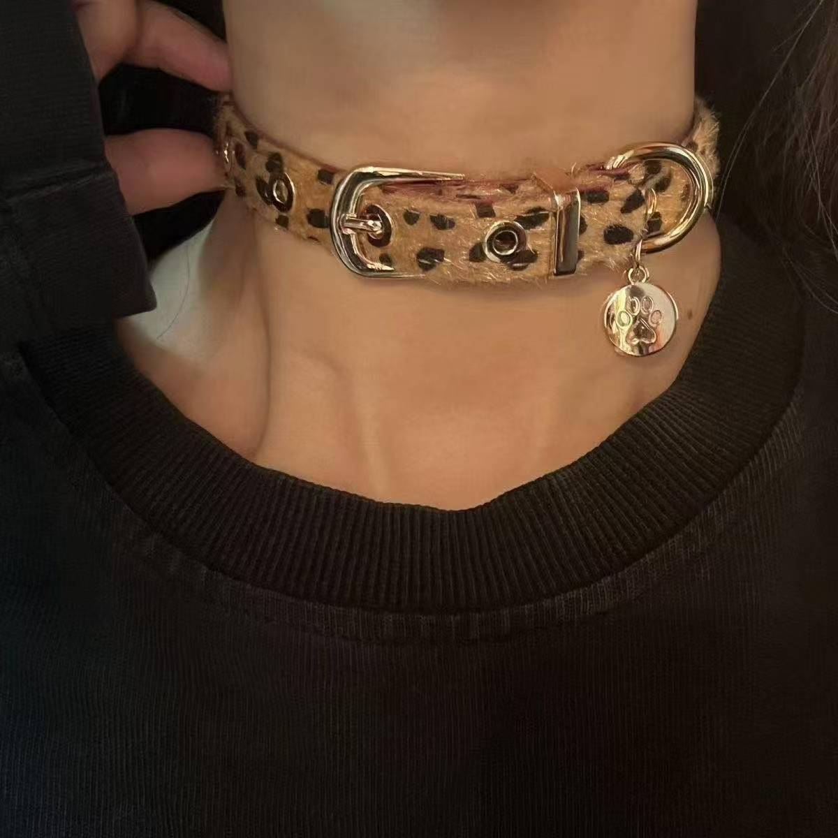 Leopard Print Cat Ear Headband with Collar, Gold Velvet Plush, One Size - Image 3