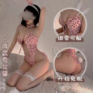 Leopard Print Bunny Costume Lingerie Set with Suspenders and Fishnet Stockings