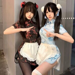 Lolita Maid Apron Cosplay Dress Set with Tie Straps, Short Chinoiserie Cheongsam Style