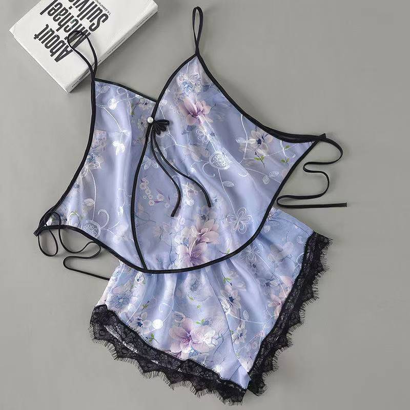 Ice Silk Lace Bellyband Pajama Set with See-Through Tulle and Suspenders - Image 2