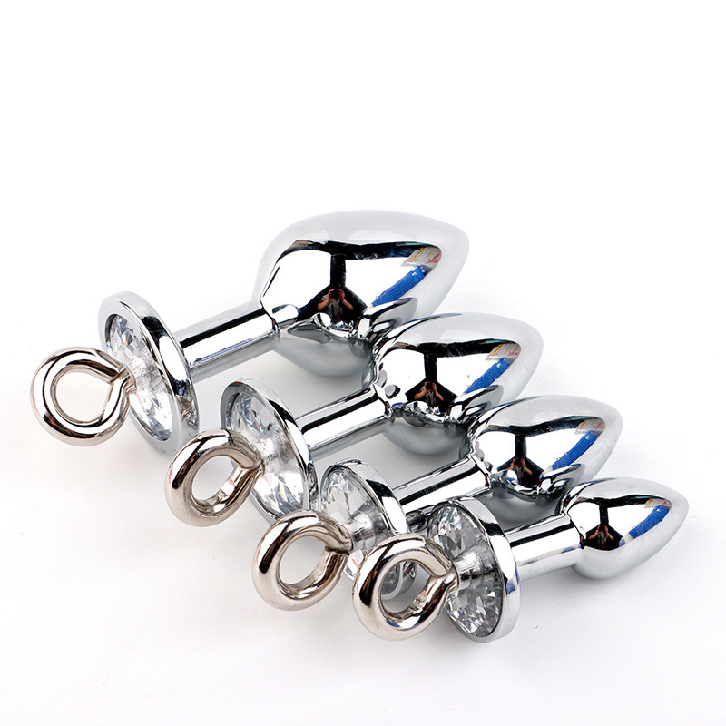 Metal Anal Plug with Diamond-Studded Pull Ring, Silver Aluminum Alloy, Wearable Design - Image 5