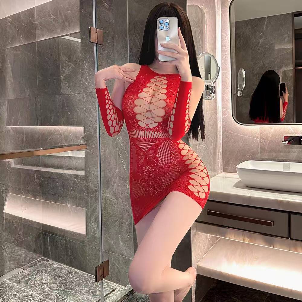 Purely Alluring See-Through Lace Net Dress, Slim-Fit Bodycon Mini Lingerie in Red, One Size - Image 3