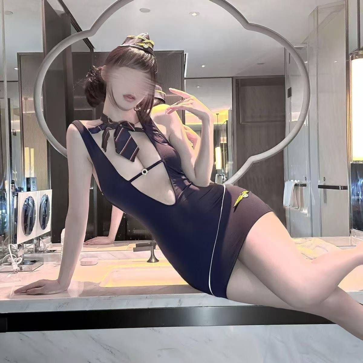 Flight Attendant Roleplay Lingerie Set with Hat, Bodysuit and Thong - Image 2