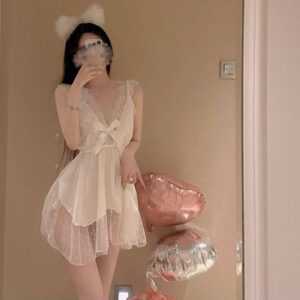 Plus Size Mesh Sling Nightgown, Backless Polka Dot Babydoll in Pink Polyester