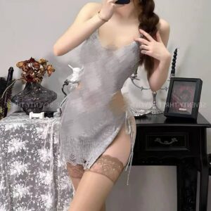 Women's Black Uniform-Style Lingerie Set with Top, Short Skirt and Open Robe