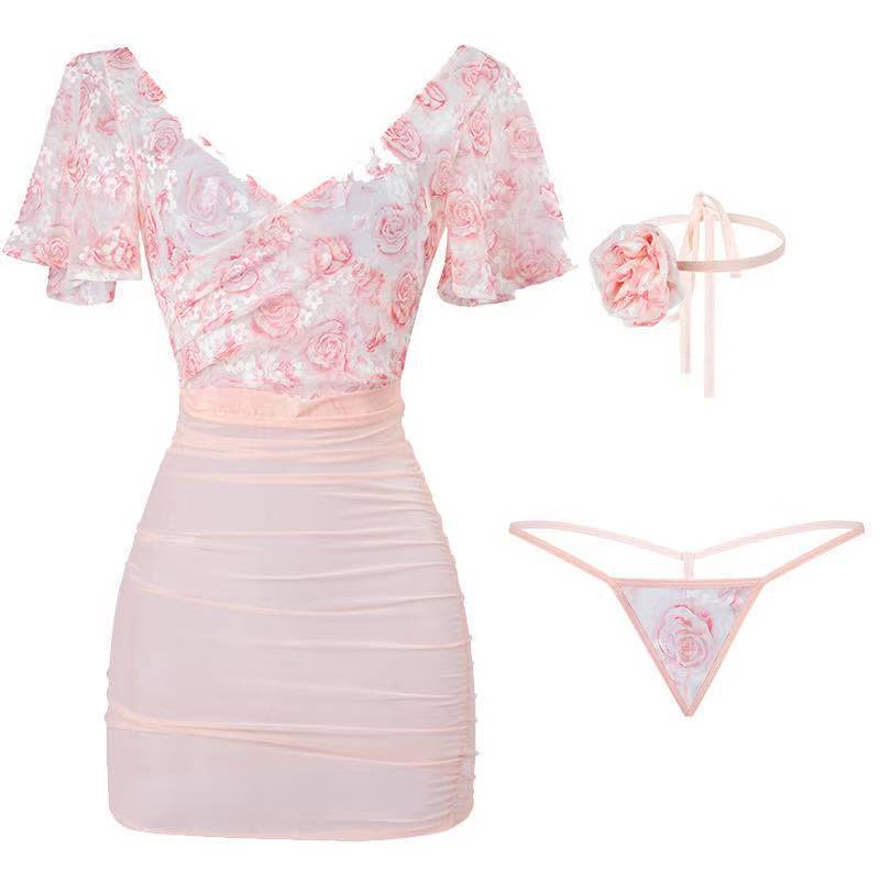 Rose Floral Sheer Deep-V High-Waist Cheongsam-Style Roleplay Dress - Image 5