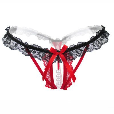 Women's Lace Hollow-Out Thong with Pearl Massage Detail, Open Crotch, Stretch Fit, Pink - Image 5